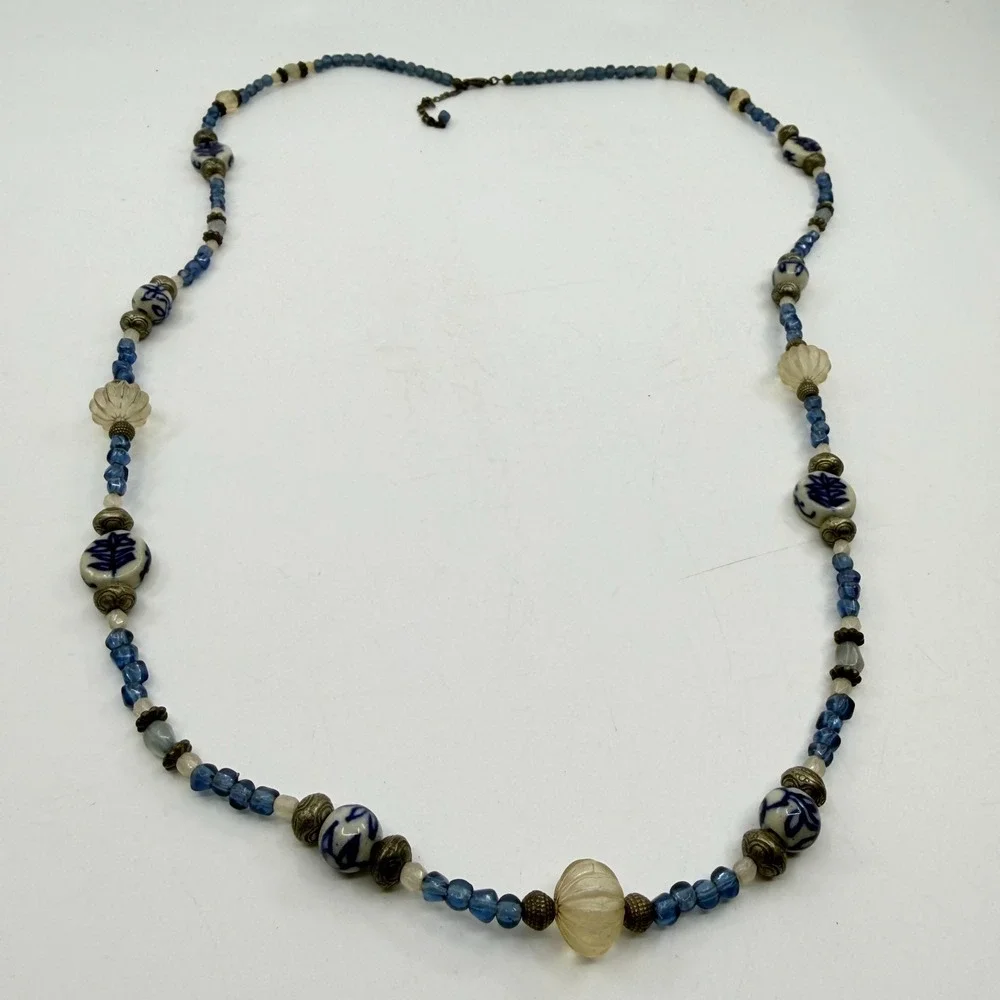 Blue White Porcelain Floral Bead Necklace Carved Acrylic Boho Statement Gift